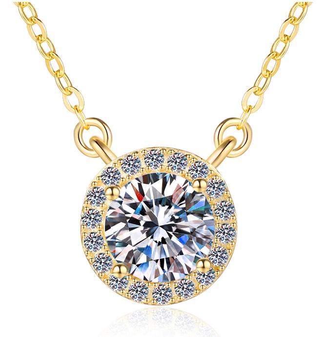 Classic Round Halo Sterling Silver Moissanite Pendant, gold-tone