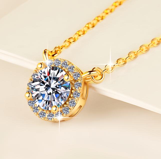 Classic Round Halo Sterling Silver Moissanite Pendant, gold-tone