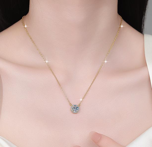 Classic Round Halo Sterling Silver Moissanite Pendant, gold-tone