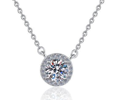 Classic Round Halo Sterling Silver Moissanite Pendant, silver-tone