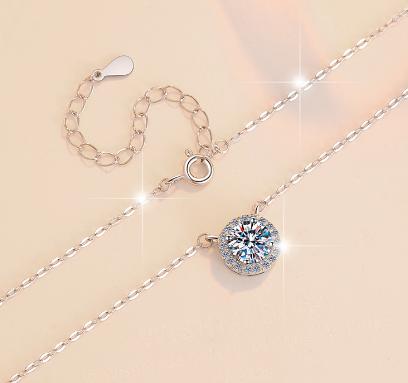 Classic Round Halo Sterling Silver Moissanite Pendant, silver-tone