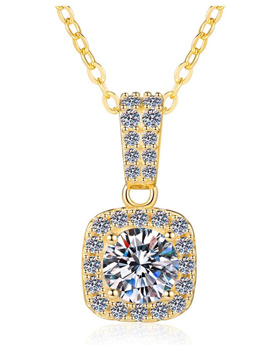 Cushion Halo with Pavé Bail Sterling Silver Moissanite Pendant, gold-tone