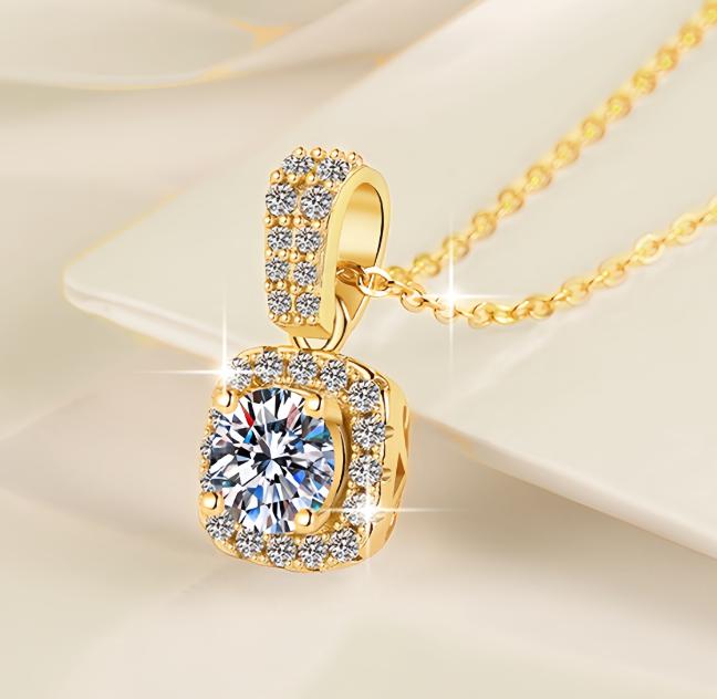 Cushion Halo with Pavé Bail Sterling Silver Moissanite Pendant, gold-tone