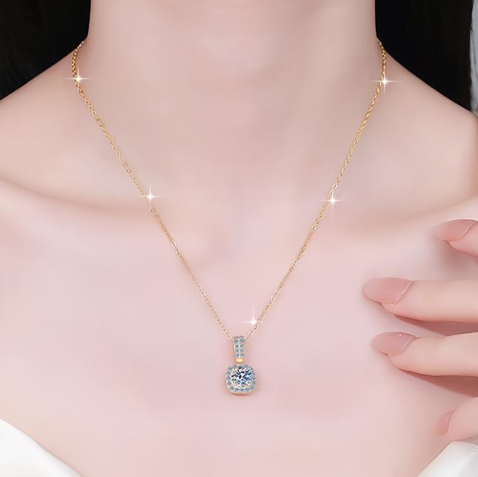 Cushion Halo with Pavé Bail Sterling Silver Moissanite Pendant, gold-tone