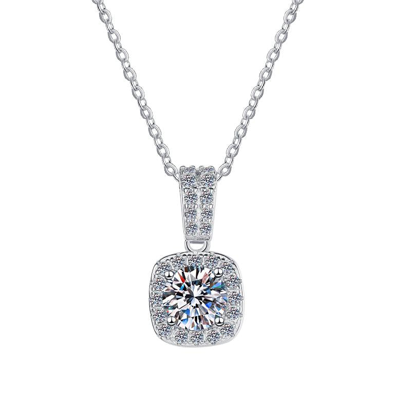 Cushion Halo with Pavé Bail Sterling Silver Moissanite Pendant, silver-tone