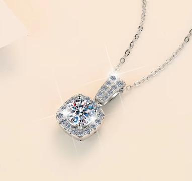 Cushion Halo with Pavé Bail Sterling Silver Moissanite Pendant, silver-tone
