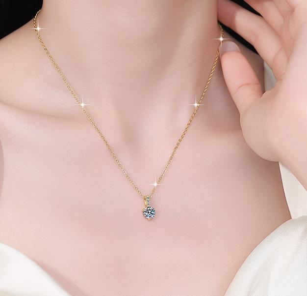Petite Solitaire with Pavé Bail Sterling Silver Moissanite Pendant, gold-tone
