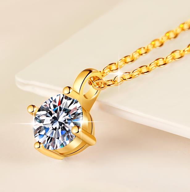 Basket Solitaire Sterling Silver Moissanite Pendant, gold-tone