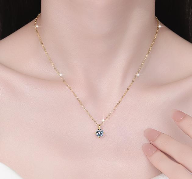 Basket Solitaire Sterling Silver Moissanite Pendant, gold-tone