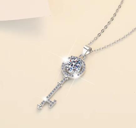Halo Key Sterling Silver Moissanite Pendant, silver-tone