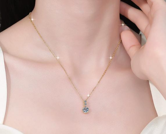 Triple Floral Drop Sterling Silver Moissanite Pendant, gold-tone