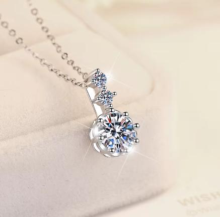 Triple Floral Drop Sterling Silver Moissanite Pendant, silver-tone