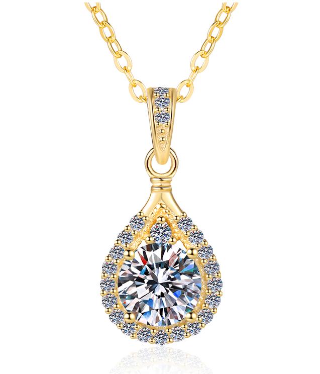 Teardrop Halo Sterling Silver Moissanite Pendant, gold-tone