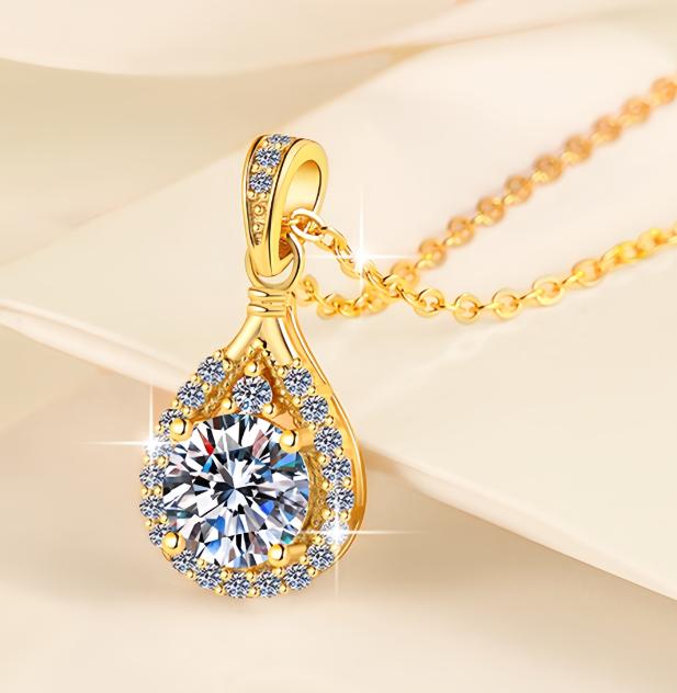 Teardrop Halo Sterling Silver Moissanite Pendant, gold-tone