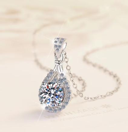 Teardrop Halo Sterling Silver Moissanite Pendant, silver-tone