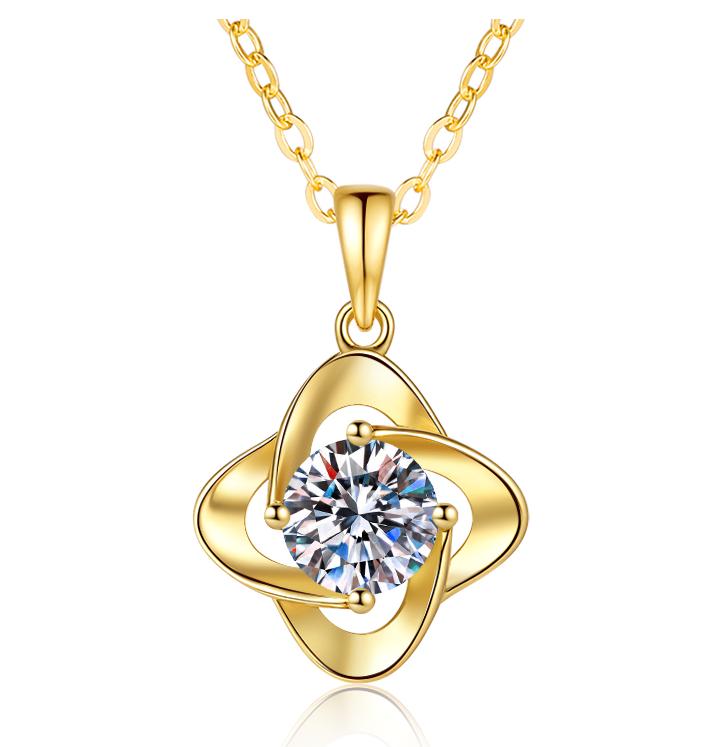 Open Clover Solitaire Sterling Silver Moissanite Pendant, gold-tone