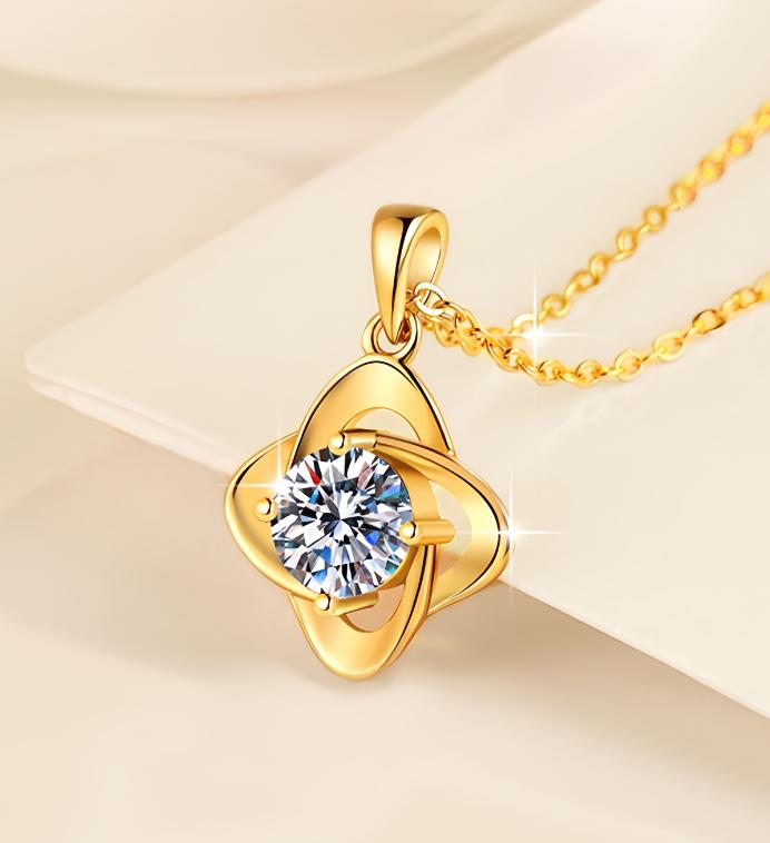 Open Clover Solitaire Sterling Silver Moissanite Pendant, gold-tone