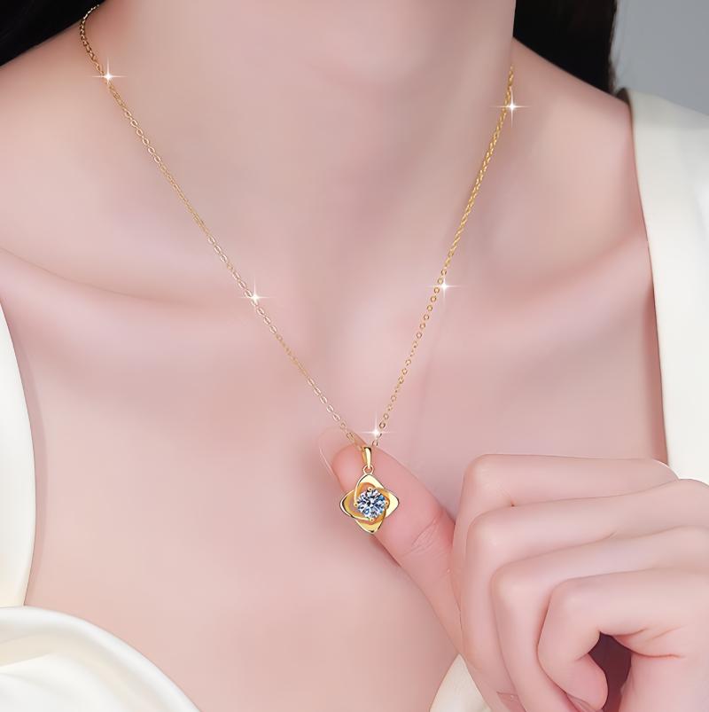 Open Clover Solitaire Sterling Silver Moissanite Pendant, gold-tone