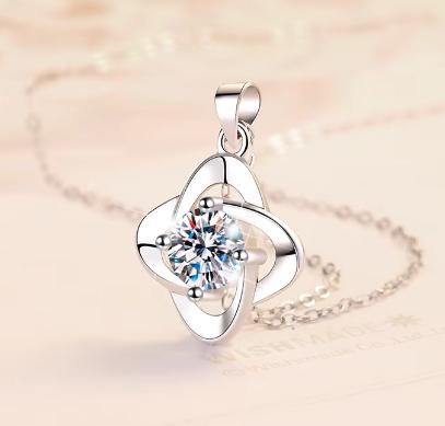 Open Clover Solitaire Sterling Silver Moissanite Pendant, silver-tone