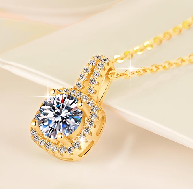 Soft Square Halo Sterling Silver Moissanite Pendant, gold-tone