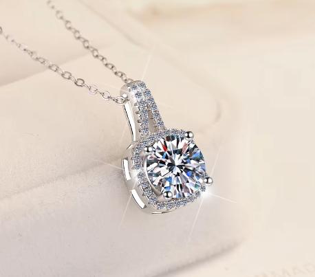 Soft Square Halo Sterling Silver Moissanite Pendant, silver-tone
