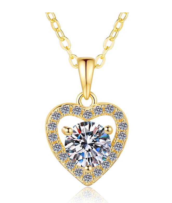 Heart Halo Sterling Silver Moissanite Pendant, gold-tone