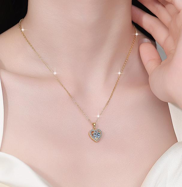 Heart Halo Sterling Silver Moissanite Pendant, gold-tone