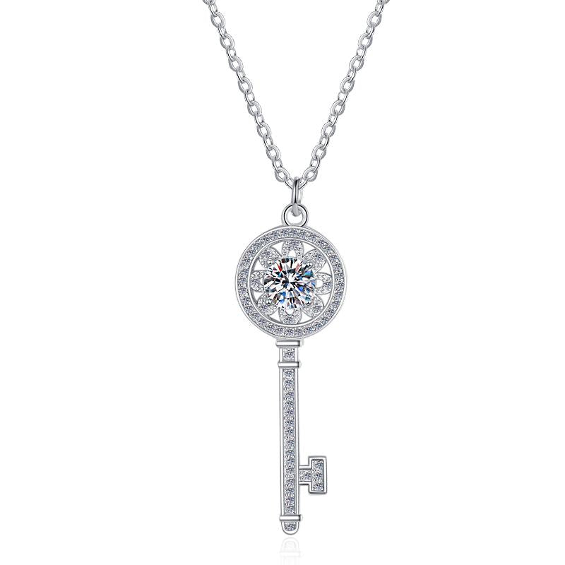 Round Key Sterling Silver Moissanite Pendant, silver-tone