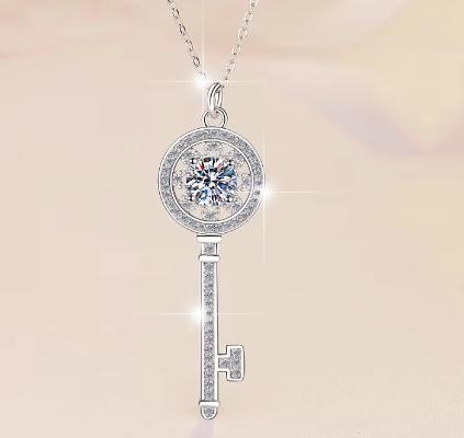 Round Key Sterling Silver Moissanite Pendant, silver-tone
