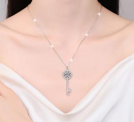 Round Key Sterling Silver Moissanite Pendant, silver-tone