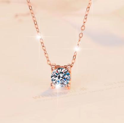 Rose-Tone Solitaire Sterling Silver Moissanite Pendant, rose-tone