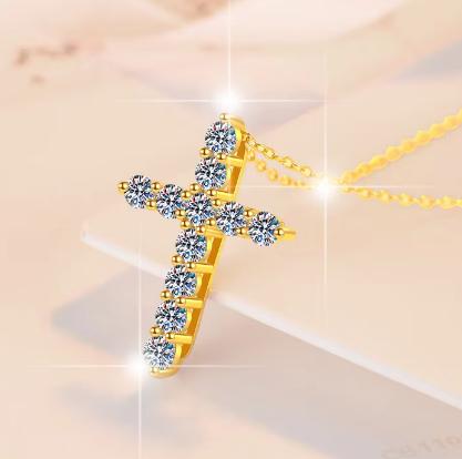 Pavé Cross Sterling Silver Moissanite Pendant, gold-tone