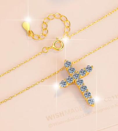 Pavé Cross Sterling Silver Moissanite Pendant, gold-tone