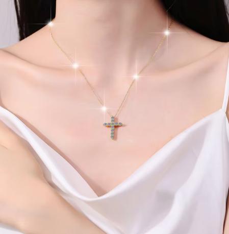 Pavé Cross Sterling Silver Moissanite Pendant, gold-tone