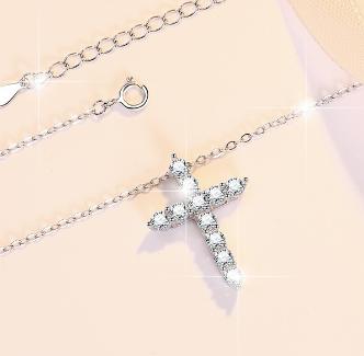 Pavé Cross Sterling Silver Moissanite Pendant, silver-tone
