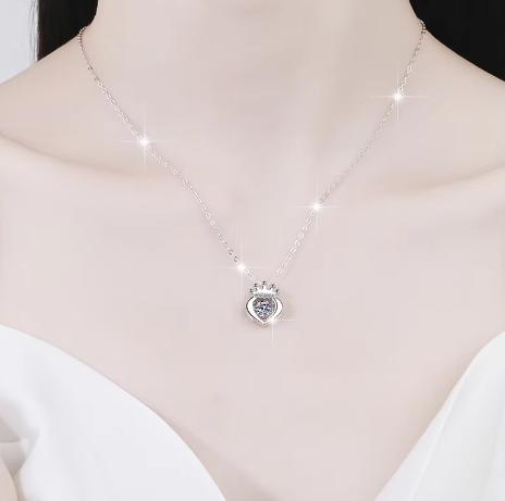 Crowned Heart Sterling Silver Moissanite Pendant, silver-tone
