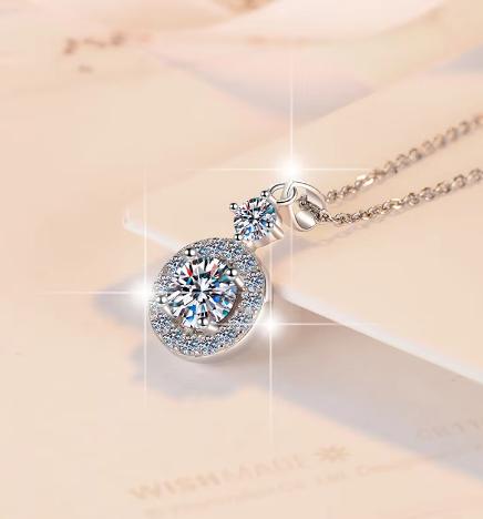 Round Halo Drop Sterling Silver Moissanite Pendant, silver-tone