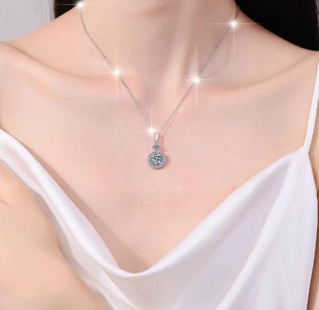 Round Halo Drop Sterling Silver Moissanite Pendant, silver-tone