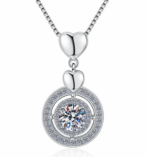 Double Circle Halo Sterling Silver Moissanite Pendant, silver-tone