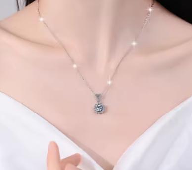 Circular Halo with Pavé Bail Sterling Silver Moissanite Pendant, silver-tone