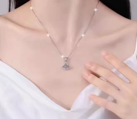 Fan-Shaped Drop Sterling Silver Moissanite Pendant, silver-tone
