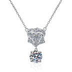 Rose and Solitaire Drop Sterling Silver Moissanite Pendant, silver-tone