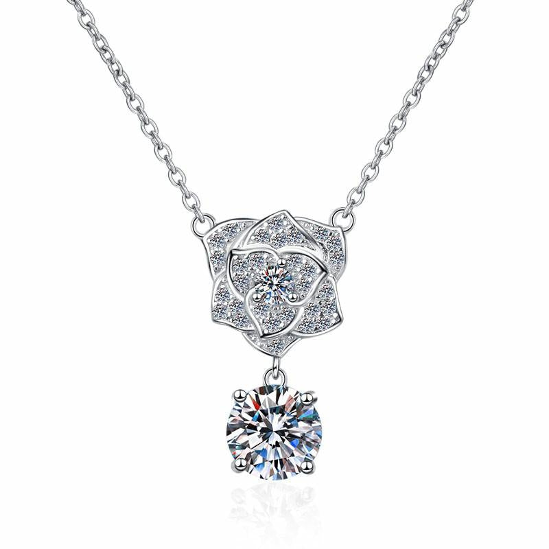 Rose and Solitaire Drop Sterling Silver Moissanite Pendant, silver-tone