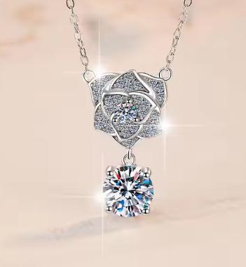 Rose and Solitaire Drop Sterling Silver Moissanite Pendant, silver-tone