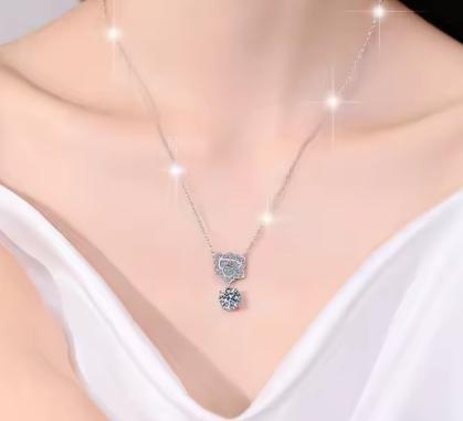 Rose and Solitaire Drop Sterling Silver Moissanite Pendant, silver-tone