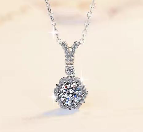 Floral-Bail Halo Sterling Silver Moissanite Pendant, silver-tone