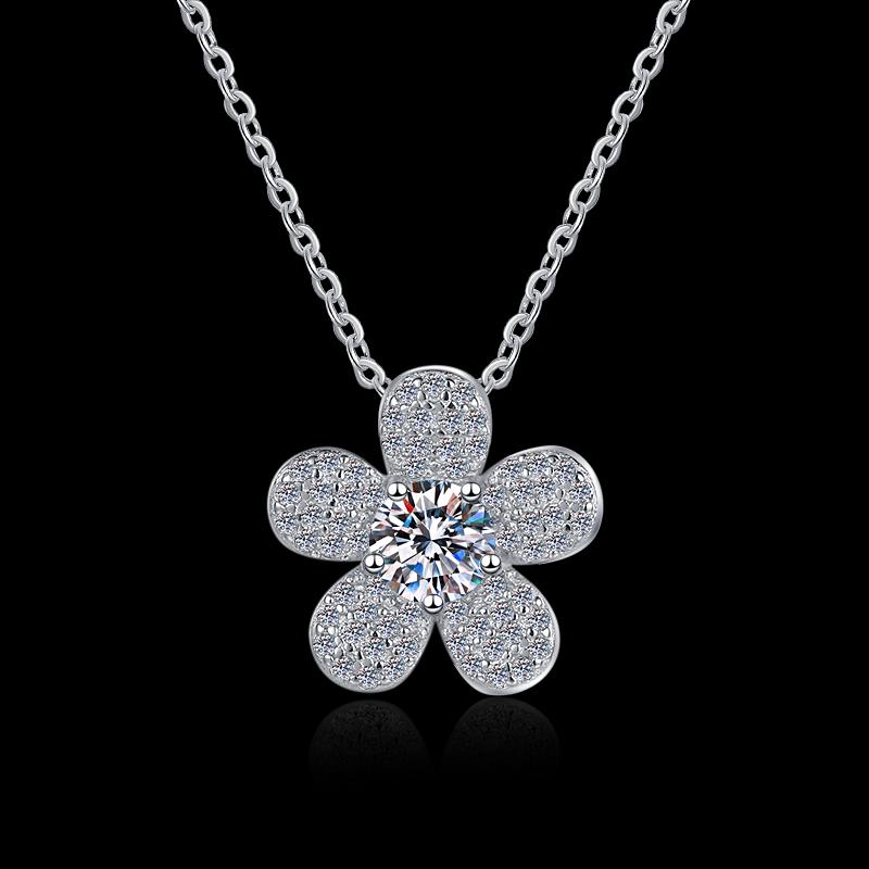 Five-Petal Flower Sterling Silver Moissanite Pendant, silver-tone