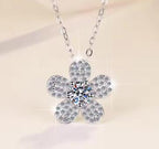 Five-Petal Flower Sterling Silver Moissanite Pendant, silver-tone