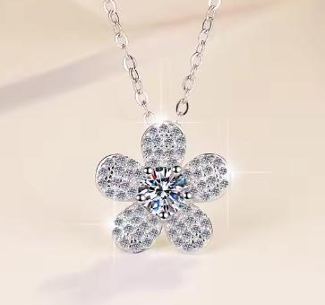 Five-Petal Flower Sterling Silver Moissanite Pendant, silver-tone