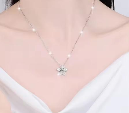 Five-Petal Flower Sterling Silver Moissanite Pendant, silver-tone